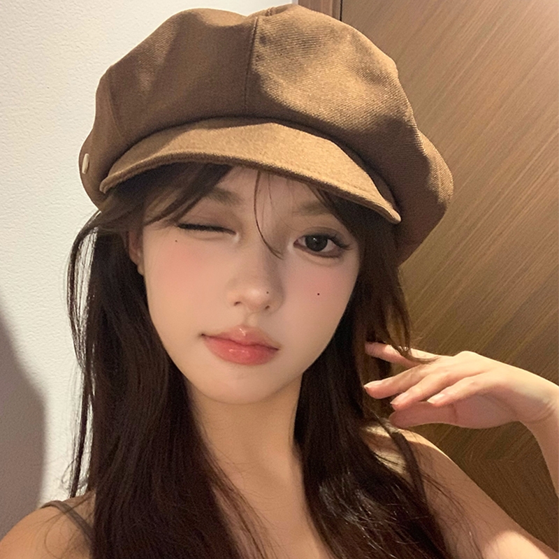 咖色贝雷帽女春秋日系复古百搭八角帽大头围显脸小画家帽子潮黑色