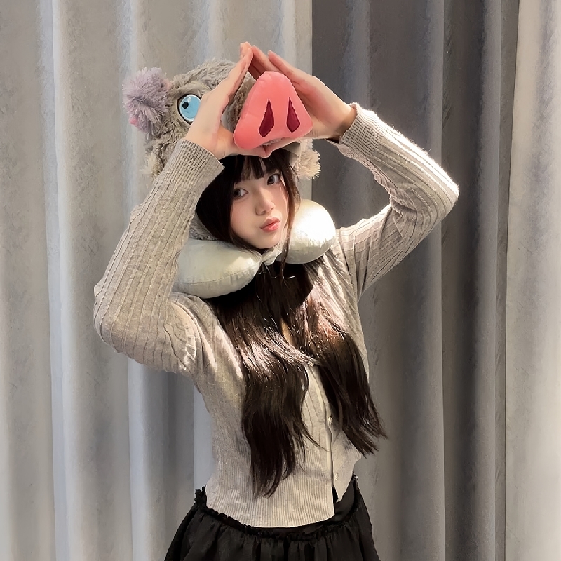 鬼灭之刃周边伊之助头套帽子嘴平猪猪连帽U型颈枕卡通动漫午睡枕