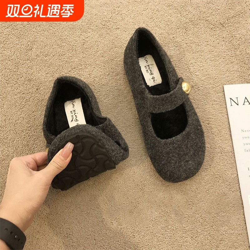 内增高灰色毛呢勃肯鞋毛毛鞋加绒玛丽珍棉鞋女2025新款秋冬豆豆鞋