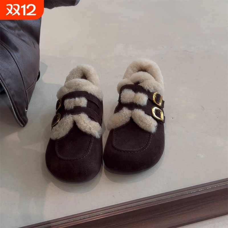羊皮~2025秋冬新款真皮加绒保暖毛毛厚底内增高勃肯鞋女黑色单鞋