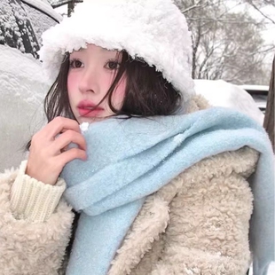 蓝绿色围巾女生秋冬季2025新款高级感韩系纯色围脖百搭保暖氛围感