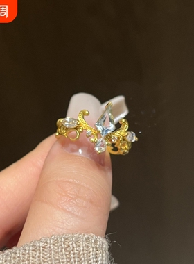 蓝眼泪戒指中古蓝色闪钻辛德瑞拉戒指复古vintage宫廷风开口食指