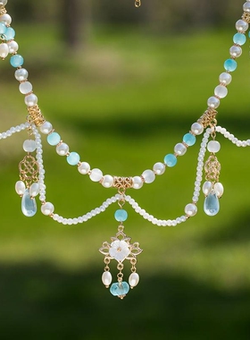 汉服璎珞旗袍珍珠吊坠森系唯美双层项链宋制诃子配饰古风饰品蓝色