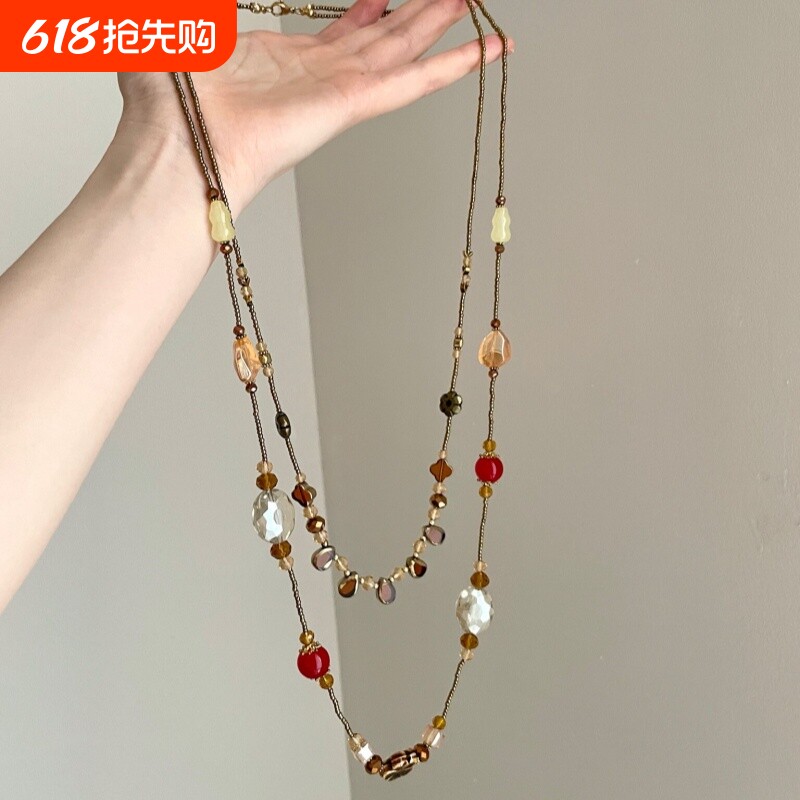 中古vintage双层水滴花朵项链复古小众高级感个性锁骨链百搭颈