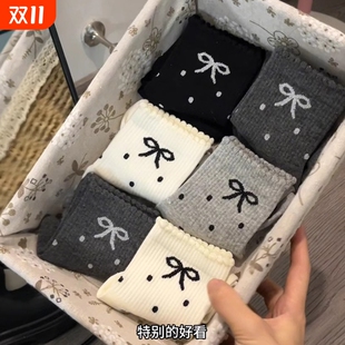 灰色波点袜子女士春秋款 中筒纯色棉袜蝴蝶结可爱花边女生中长筒袜