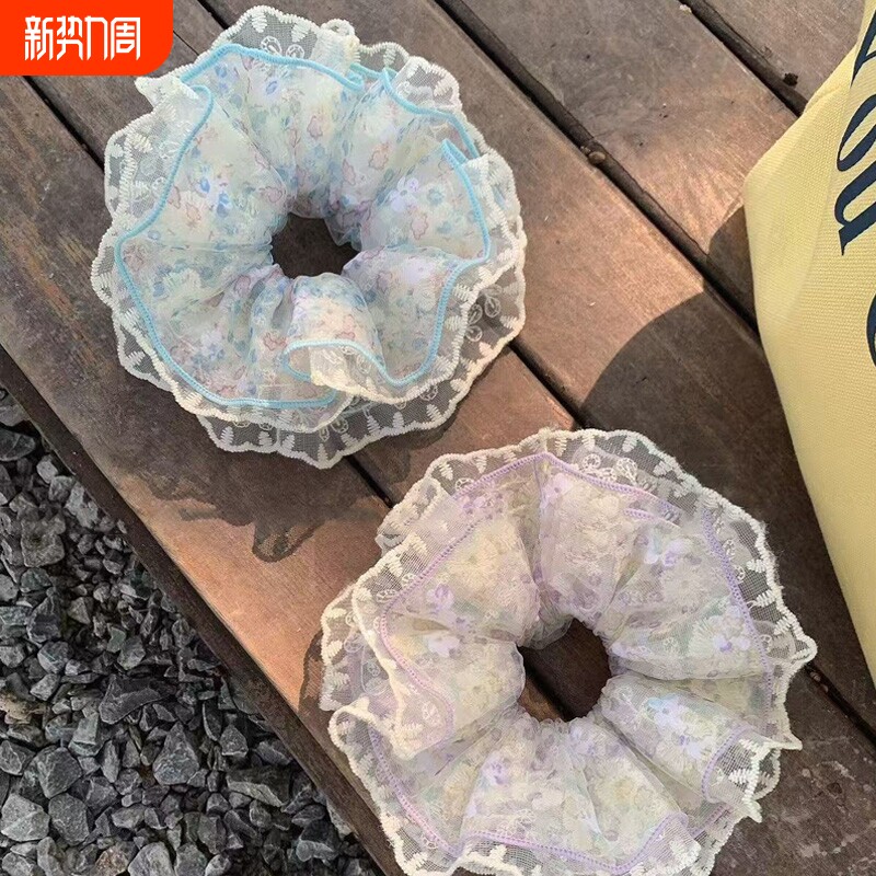 紫色碎花大肠发圈~蕾丝花边小碎花超仙4层气质大号丸子头发绳女