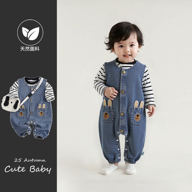 2025秋季婴儿背带裤套装洋气男女宝宝牛仔连体衣分体两件套外出服