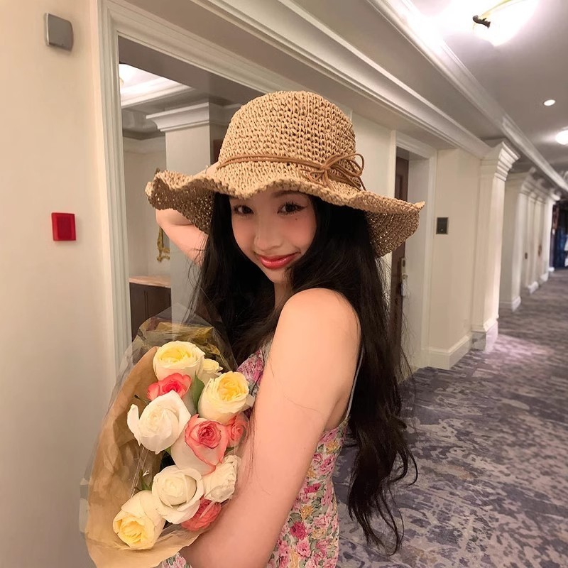 编织草帽女度假风沙滩渔夫帽海边防晒遮阳帽大帽檐户外法式蝴蝶结