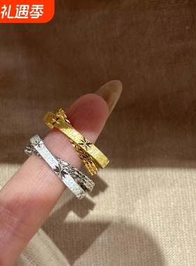 中古双环星芒素圈交叉戒指轻奢老钱风精致设计感叠戴指环可调节
