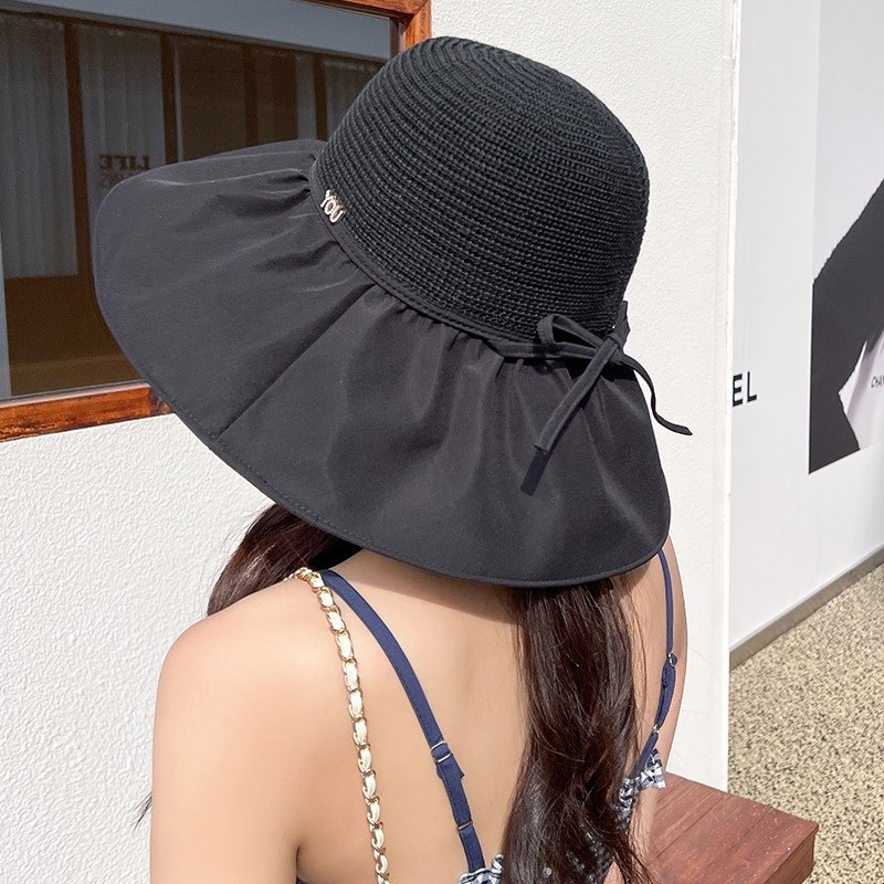 黑胶防紫外线遮阳帽子女士夏季大檐防晒网眼镂空沙滩凉帽渔夫帽潮