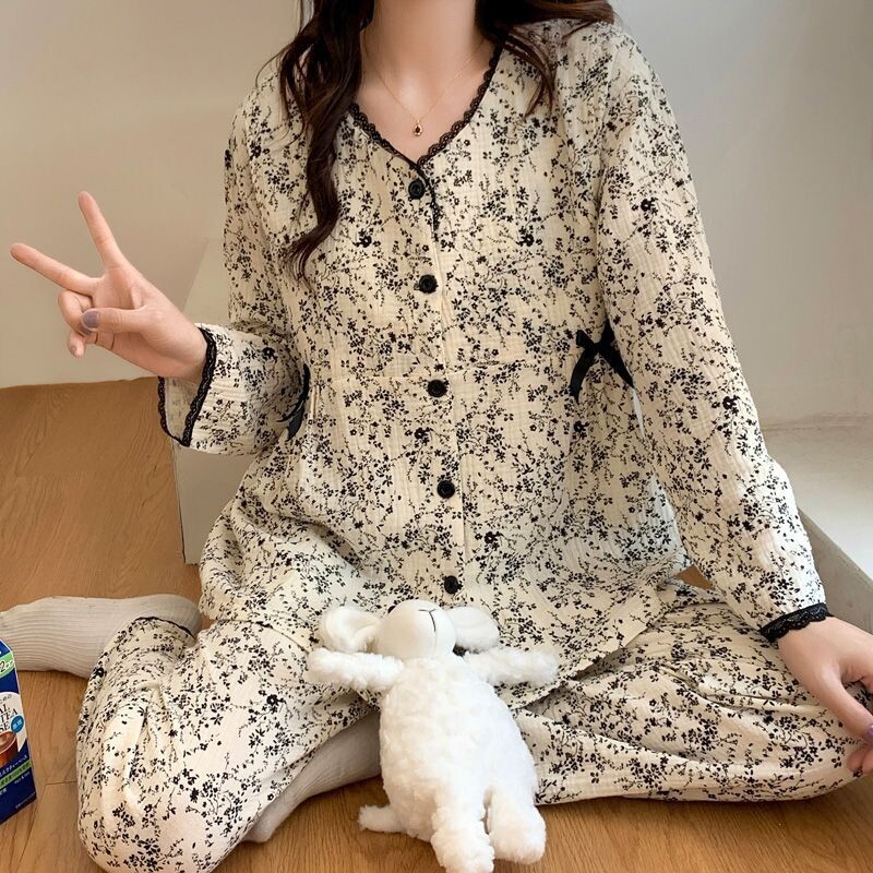 严选月子服夏季薄款产后纱布孕妇睡衣女春秋棉质6月份7产妇哺乳家