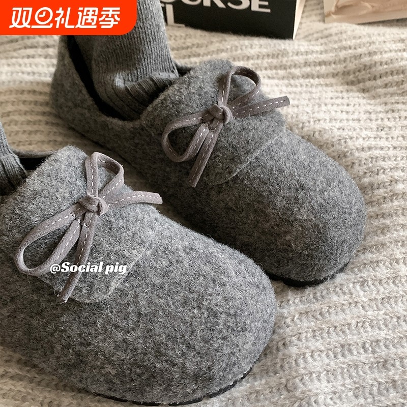秋冬保护色~松弛感满满！文艺复古毛呢勃肯鞋女加绒一脚蹬单鞋