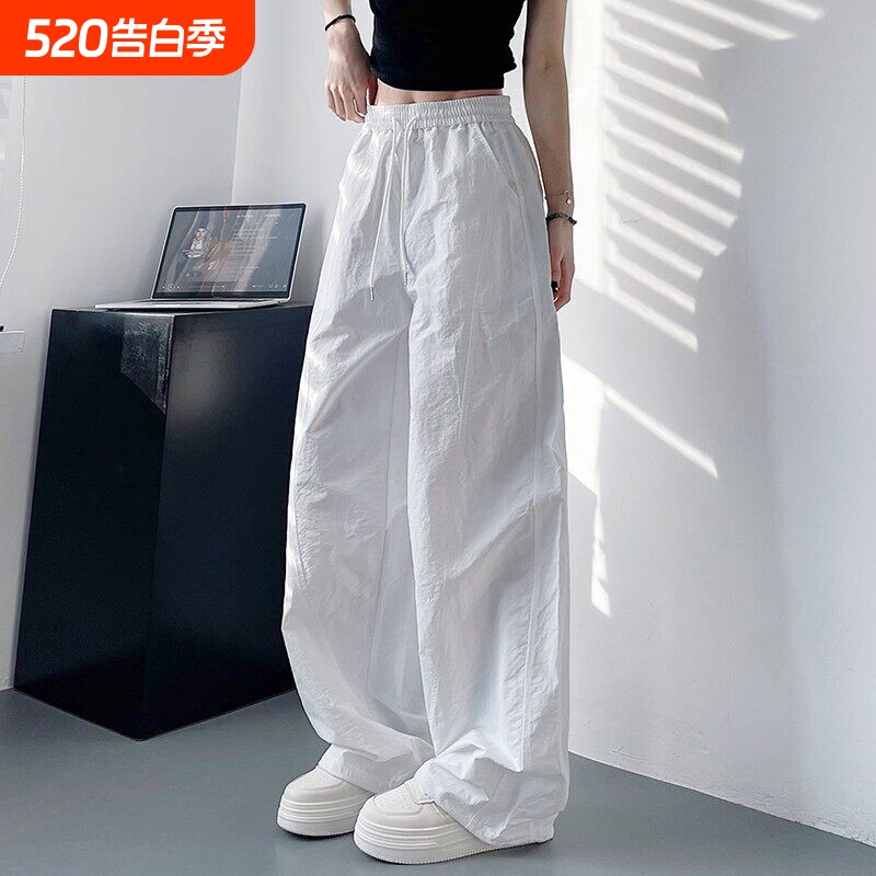 白色速干裤女夏季轻薄显瘦阔腿裤胖mm高腰褶皱运动工装裤大码蓝色