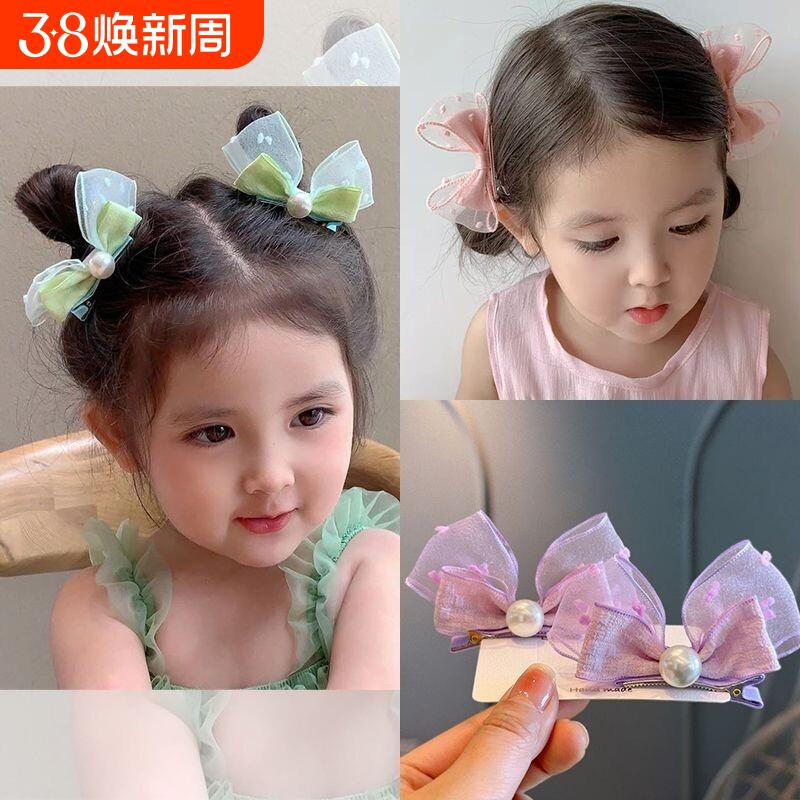 儿童珍珠蝴蝶结发夹女童粉色立体兔耳对夹小女孩小清新泡泡纱头饰