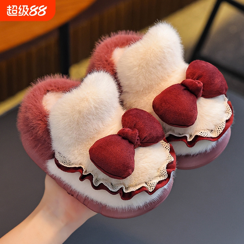 儿童棉拖鞋包跟女童公主防滑EVA厚底保暖蝴蝶结中小童毛毛棉鞋冬