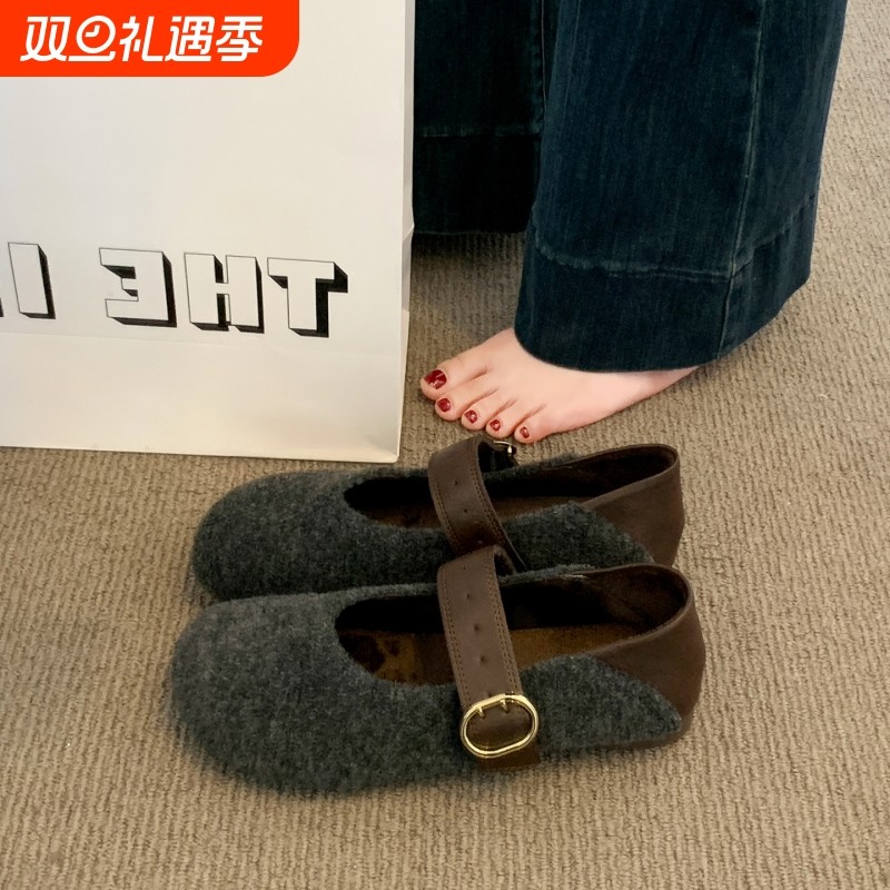 灰色加绒呢子勃肯鞋女2025秋冬新款毛毡平底豆豆鞋毛毛玛丽珍棉鞋