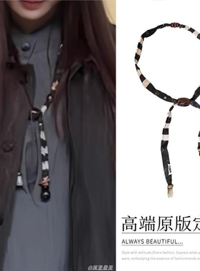 时髦设计!黑白条纹布艺项链女中古风串珠锁骨链颈部配饰2025新款