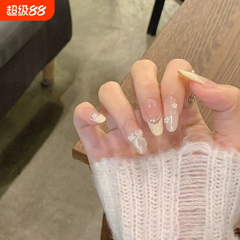 纯手工穿戴美甲冰糯冰花蝴蝶结元气少女感可爱百搭穿戴甲千金法式