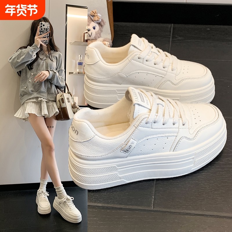 休闲风厚底小白鞋女系带百搭增高板鞋松糕鞋日常圆头学生休闲鞋子