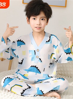 棉绸儿童家居服套装薄款男童女童夏季空调服宝宝卡通吸汗睡衣长袖