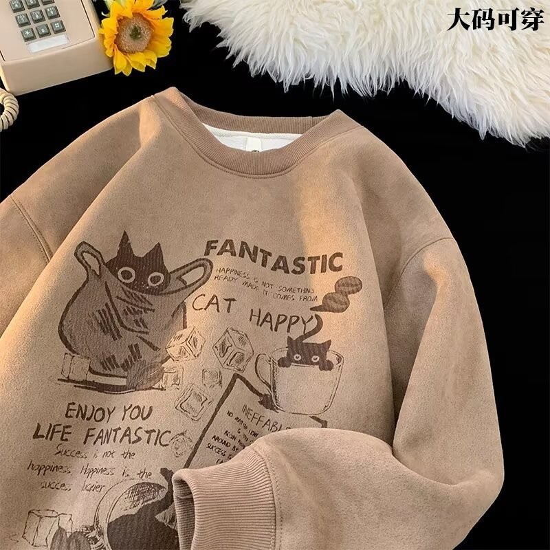 重磅圆领麂皮绒卫衣美式潮牌宽松