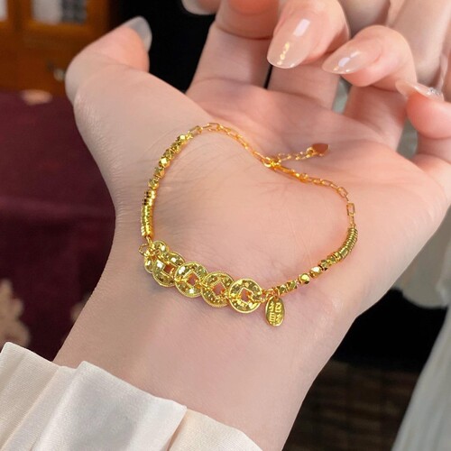 金店款沙金爆闪钱多多手链新款蹦迪珠碎冰钱币手串复古五帝钱手饰