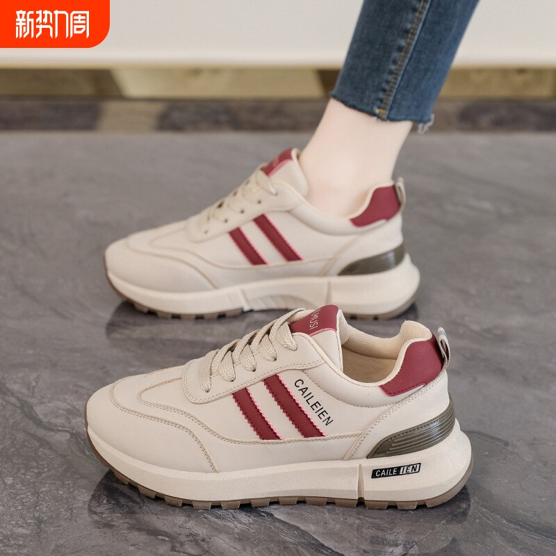 春季女鞋新款透气皮面运动鞋女百搭厚底增高休闲跑步潮鞋网面圆头