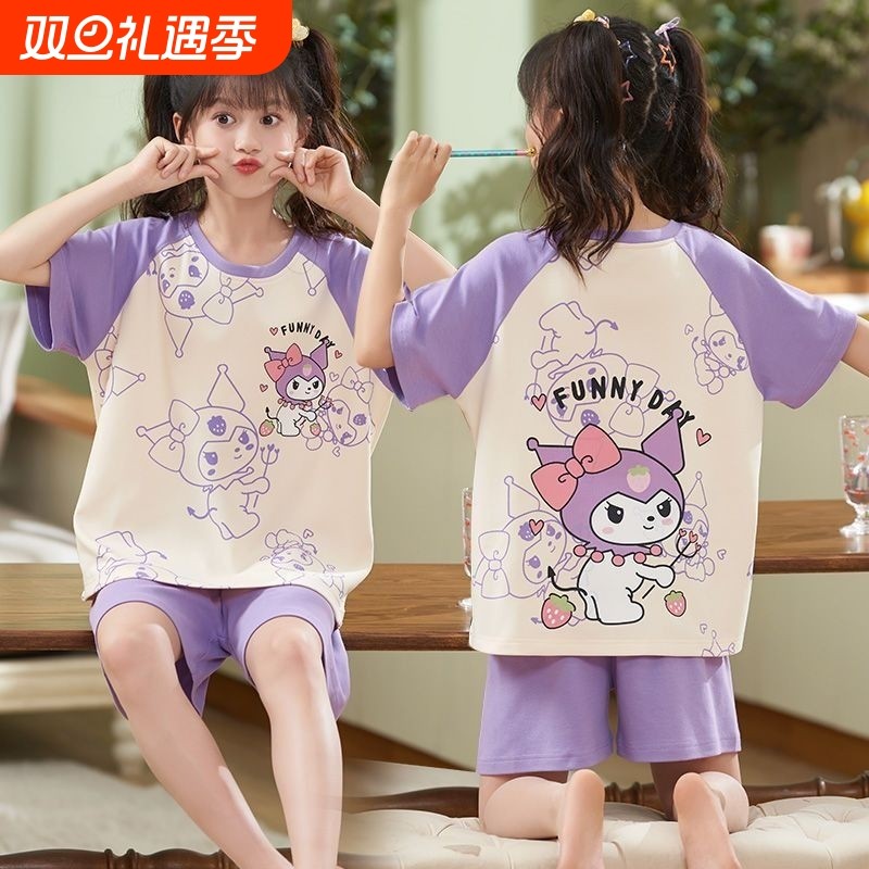 儿童睡衣女童短袖短裤夏季女孩亲子家居服套装条纹柔软宅家趣味