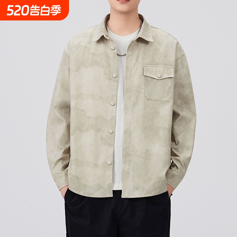 2026春秋美式扎染衬衫男新款痞帅长袖宽松工装夹克外套牛仔休闲