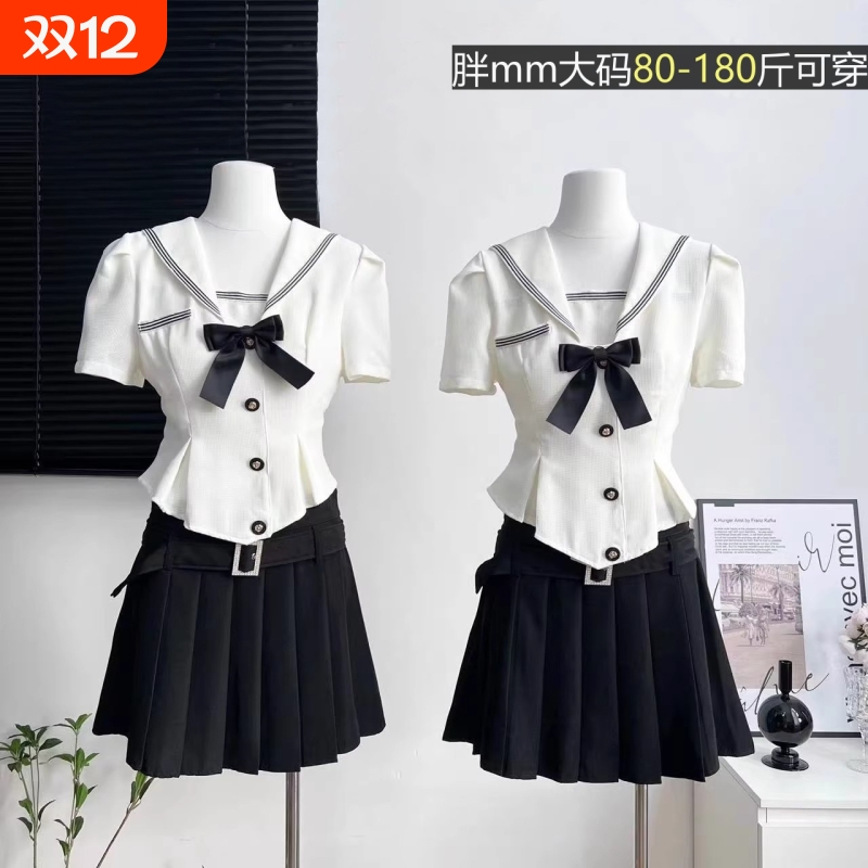 大码学院风jk制服水手服上衣夏季小个子黑色百褶裙甜辣妹两件套装