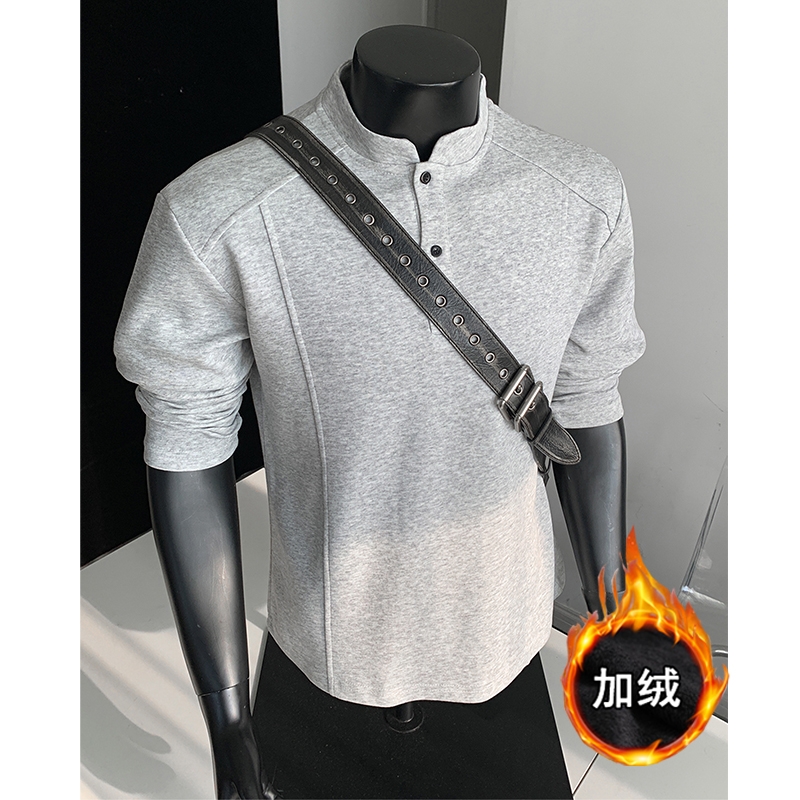 美式亨利领男款加绒长袖t恤秋冬季潮流cleanfit内搭休闲上衣