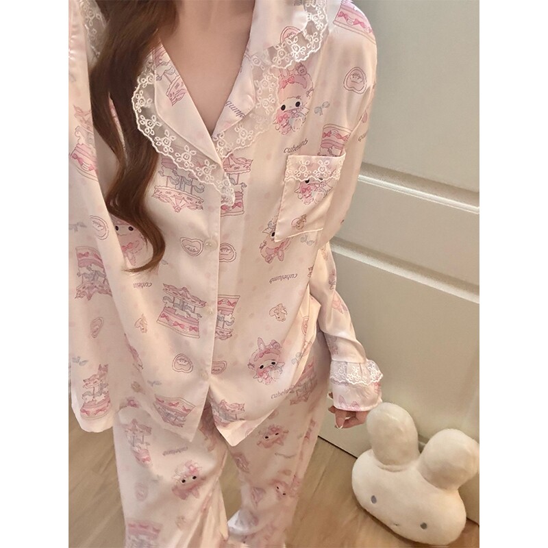 2026新款睡衣女春夏季冰丝长袖蕾丝花边甜美风卡通少女可爱家居服