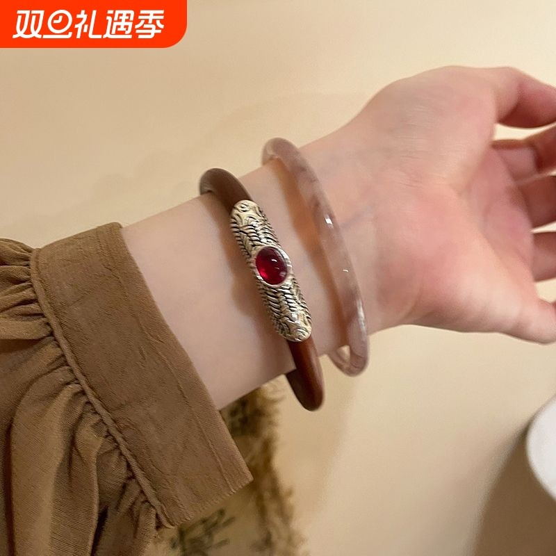 2023年新款新中式鸡血藤红码素圈手镯女复古民族风简约闺蜜手饰