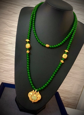 新款天然绿珠套链可拆卸毛衣链项链多圈手串沙金925如意吊坠绿色