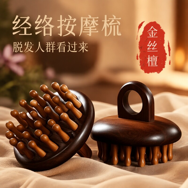 檀木按摩梳子头皮经络小木梳疗梳头防刷头部疏通神器揉腹腹部刮痧