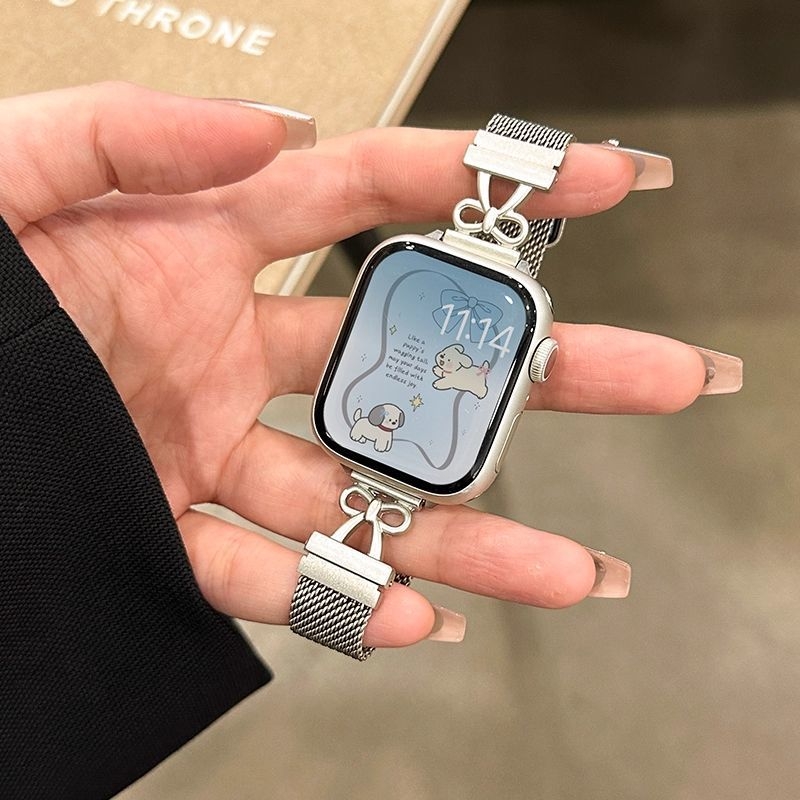 适用苹果手表s11表带蝴蝶结磁吸AppleiWatch10米兰创意拼接9/8/76/5/4百搭金属ultra智能运动配件12mm