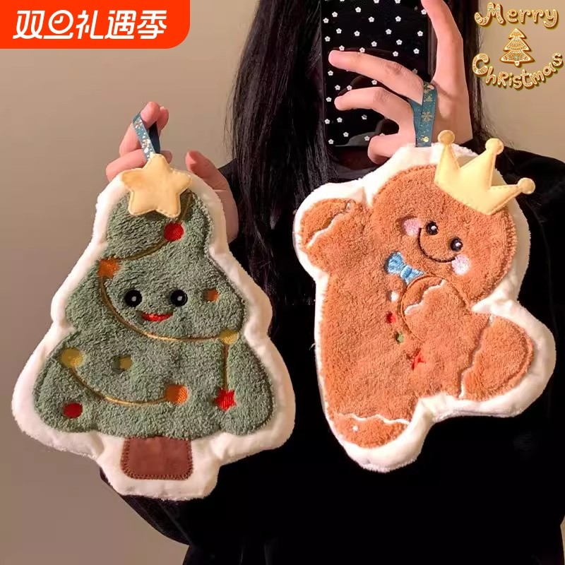 圣诞擦手巾姜饼人卡通加厚挂式圣诞树吸水速干毛巾儿童抹布卫生间