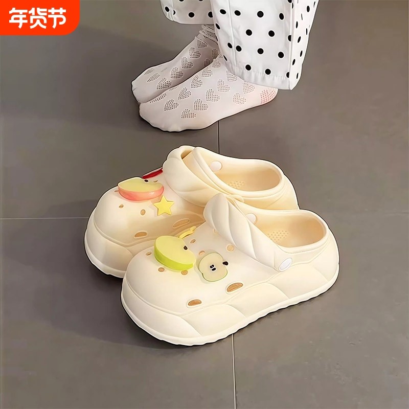 卡通立体配饰厚底洞洞鞋女ins包头潮流百搭防滑eva夏季沙滩凉拖