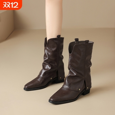 增高短靴女2025新春秋堆堆靴美拉德裤管骑士尖头马丁靴中筒高跟鞋