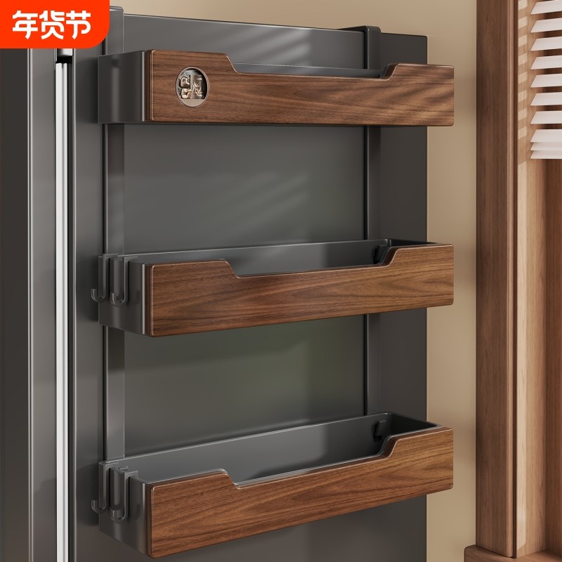 实木冰箱侧置物架厨房壁挂收纳筐悬挂免打孔多层调味品架整理神器