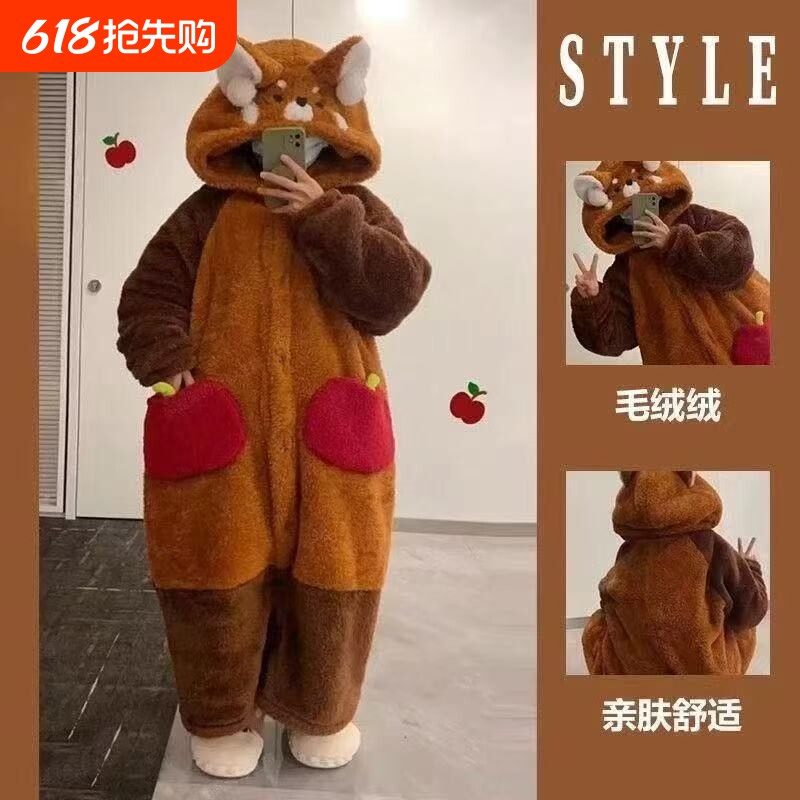 秋冬可爱小浣熊珊瑚绒睡袍女冬季加绒加厚居家服情侣睡衣绿色黑色