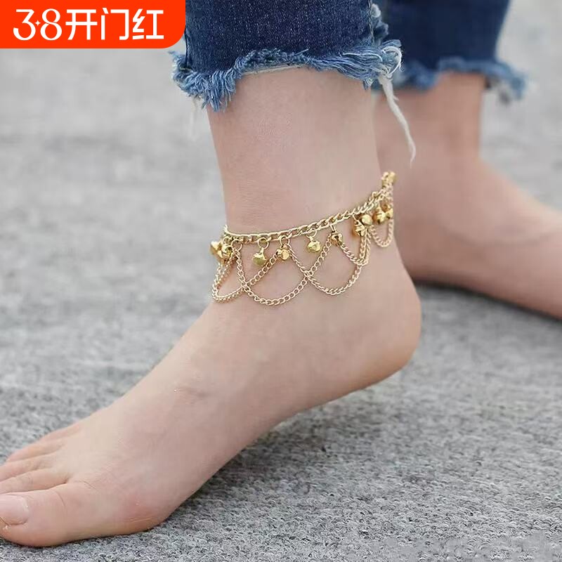 欧美爆款波西米亚风流苏铃铛脚链个性女时尚彩色沙滩海边脚饰品女