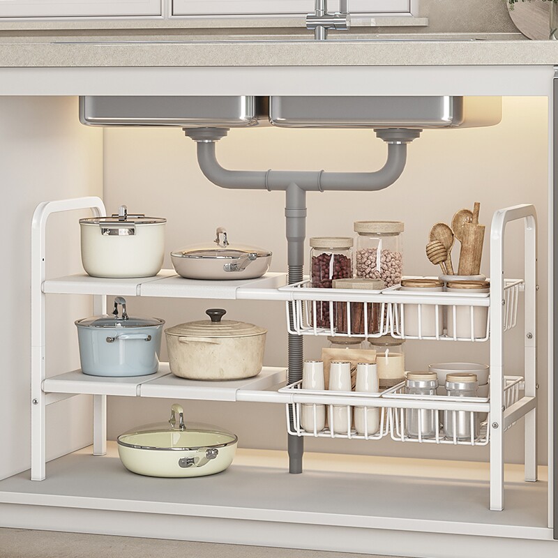 锅具收纳架厨房置物架多层落地橱柜内下水槽放锅架子多功能可调节