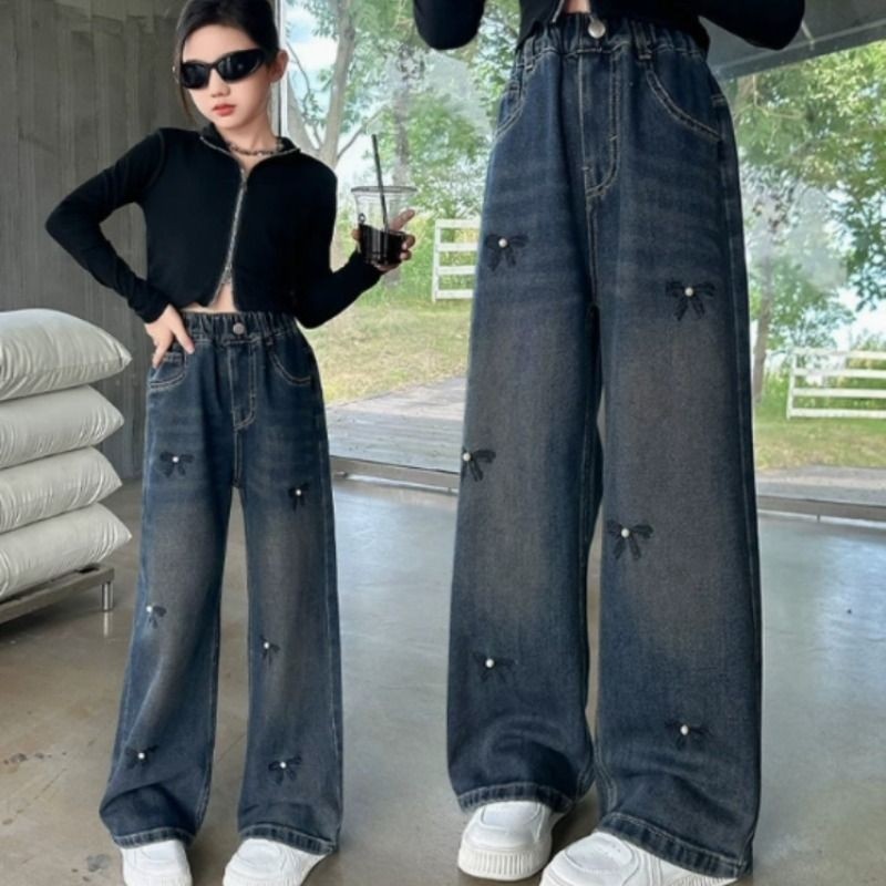 大童春秋牛仔裤初中生宽松蝴蝶结阔腿裤直筒女孩裤子童装下装A48