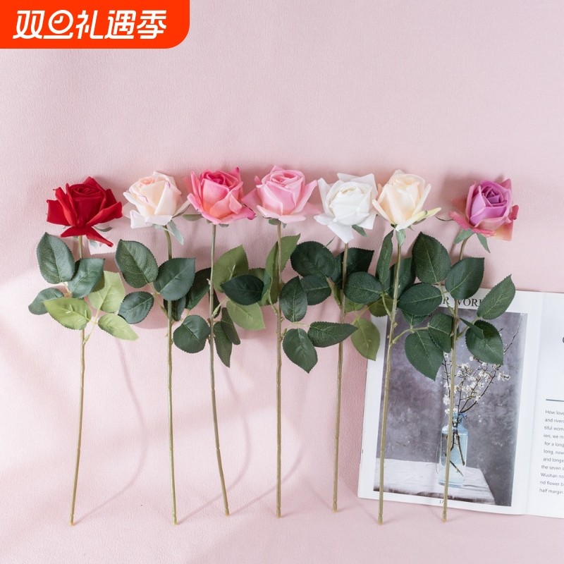 【新品】家居装饰淡岛湿润手感玫瑰花苞仿真花手捧花玫瑰花墙假花