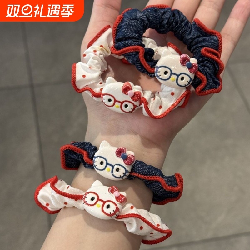 可爱牛仔KT猫发圈甜美少女马尾高弹力扎头马尾小肠圈慵懒风发饰