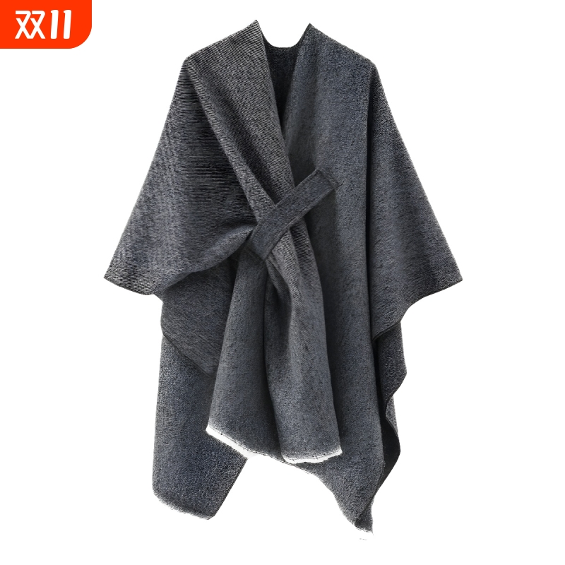 现货欧美外贸纯色披肩素色仿羊绒加杠开叉斗篷外搭秋冬保暖围巾
