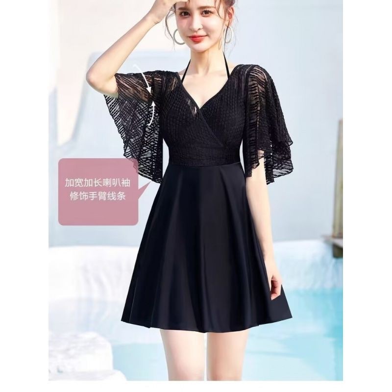 2025新款温泉泳衣女大码胖mm200斤连体裙式保守遮肉显瘦黑色