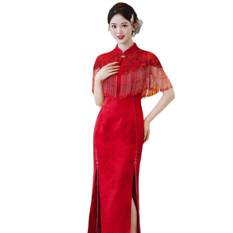 新中式红色订婚旗袍2026新款国风领证礼服裙披肩新娘敬酒服嫁衣夏