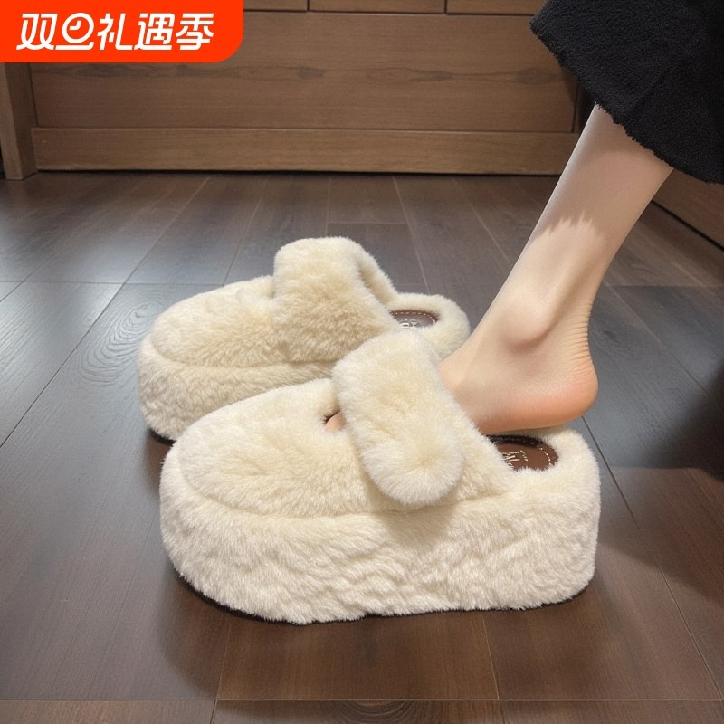 【水貂绒】包头毛毛拖鞋女外穿冬季白色厚底小个子8CM增高棉拖鞋